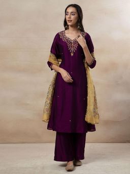 Indya - Purple Floral Embroidered Kurta with Pant and Dupatta (Set of 3)