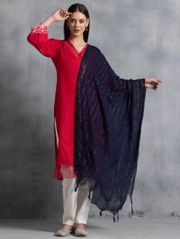 Indya - Navy Blue Lurex Striped Zari Dupatta