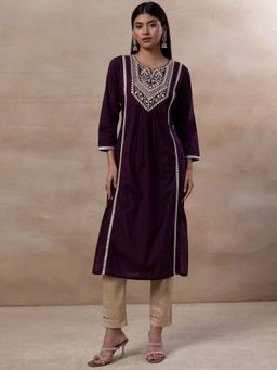 Indya - Dark Purple Mirror and Thread Embroidered Cotton Kurta