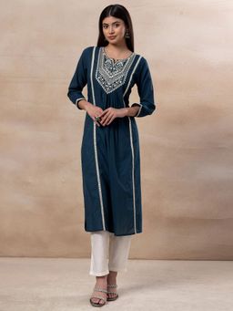 Indya - Teal Green Mirror and Thread Embroidered Cotton Kurta