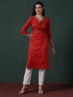 Indya - Red Floral Thread Embroidered Kurta