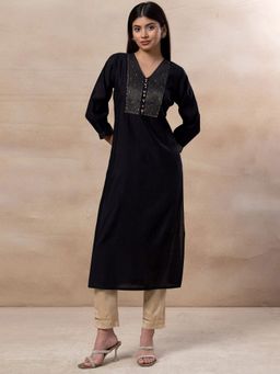 Indya - Black Zari Hand Embroidered Chanderi Kurta