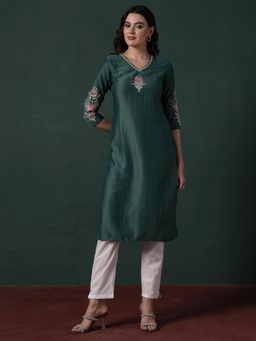 Indya - Dark Green Floral Dori Embroidered Straight Kurta