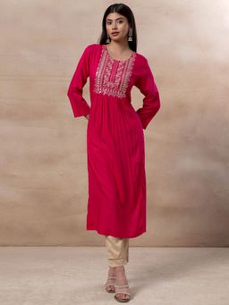 Indya - Pink Floral Zari Embroidered Rayon A-Line Kurta