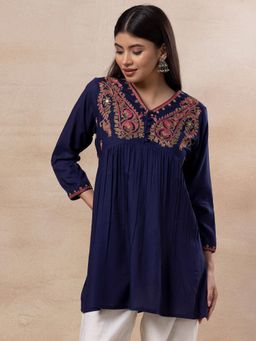 Indya - Navy Blue Paisley Embroidered Short Kurti