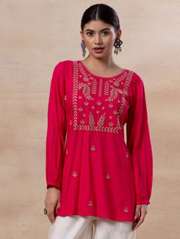 Indya - Fuchsia Pink Chikankari Embroidered Short Kurti