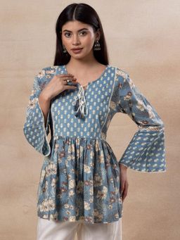 Indya - Blue Floral Print Short Cotton A-Line Kurti