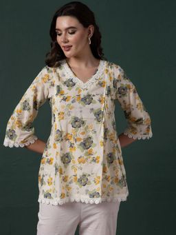 Indya - Ivory Floral Print Cotton Kurti