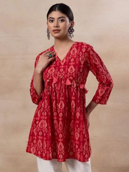 Indya - Red Ikat Print Cotton A-Line Short Kurti
