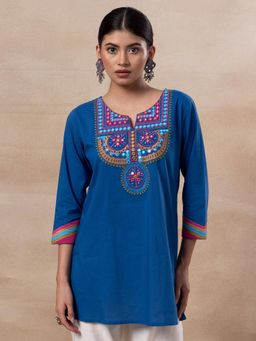 Indya - Blue Embroidered Yoke Cotton Short Kurti
