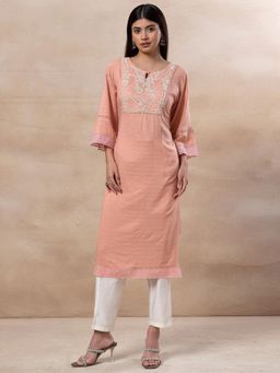 Indya - Peach Floral Thread Embroidered Kurta