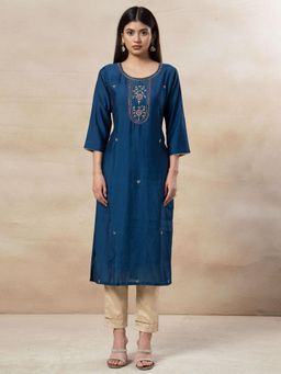 Indya - Navy Blue Zardozi Hand Embroidered Straight Kurta