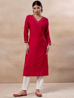Indya - Red Hand Embroidered Straight Kurta