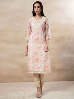 Indya - Peach Floral Print Thread Embroidered Organza Kurta