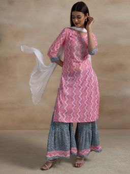Indya - Pink Printed Cotton Kurta with Sharara and Dupatta (Set of 3)