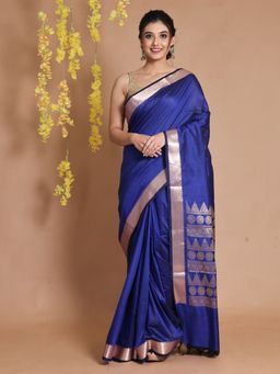 CHARUKRITI - Royal Blue Silk Handwoven Temple Borders & Ethnic Patterns Saree with Unstitched Blouse