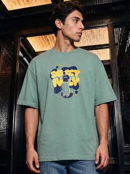 Bewakoof - Mens Green Selectively Social Graphic Oversized T-Shirt