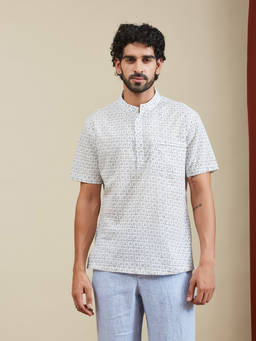 Fabindia - White Cotton Printed Mid Placket Shirt