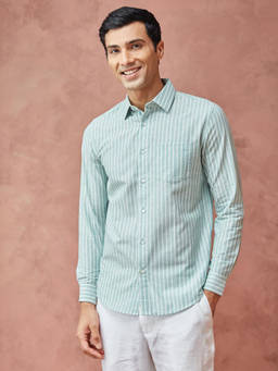 Fabindia - Green Cotton Blend Striped Shirt