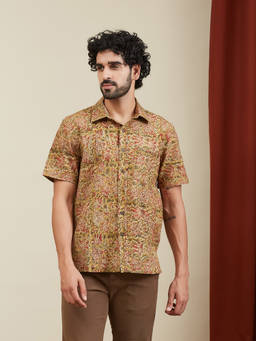Fabindia - Mustard Cotton Kalamkari Printed Floral Bush Shirt