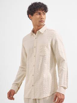 HIGHLANDER - Men Beige Dobby Textured Striped Casual Shirt