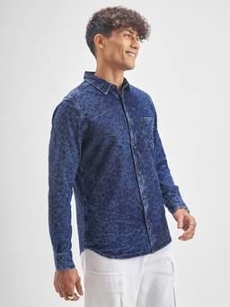 HIGHLANDER - Men Navy Blue Jacquard Slim Fit Shirt