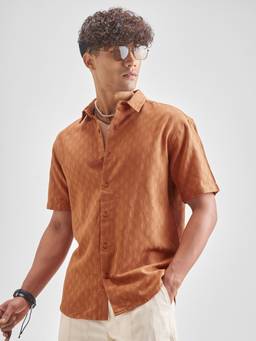 HIGHLANDER - Men Rust Lyocell Jacquard Solid Relaxed Shirt