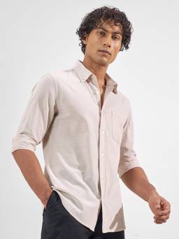 HIGHLANDER - Men Beige Button Down Solid Slim Fit Full Sleeve Shirt