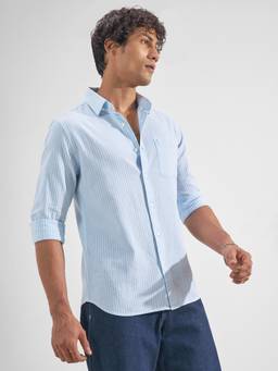 HIGHLANDER - Men Blue Striped Collar Full Sleeve Shirt