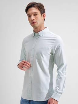 HIGHLANDER - Men Green Striped Collar Full Sleeve Shirt