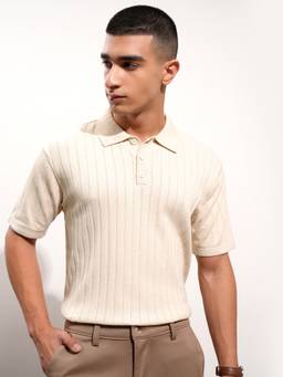 HIGHLANDER - Men Off White Relaxed Fit Half Sleeve Polo T-Shirt
