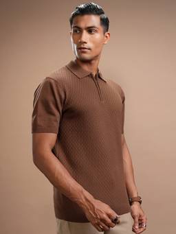 HIGHLANDER - Men Brown Textured Knitted Polo Tshirt