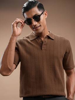 HIGHLANDER - Men Brown Textured Knitted Polo Tshirt