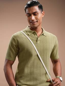 HIGHLANDER - Men Green Textured Knitted Polo Tshirt