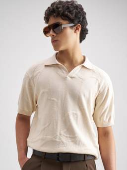 HIGHLANDER - Men Cream Oversized Fit Jacquard Flat Knit Polo Tshirt