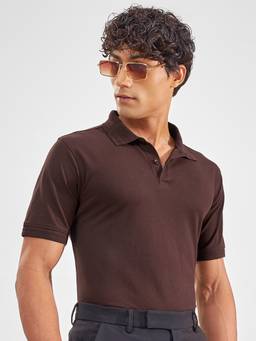 HIGHLANDER - Brown Solid Half Sleeve Pique Polo T-Shirt