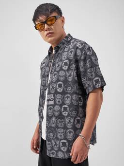 HIGHLANDER - Marvel Dc Comics Men Black Grey Printed Relaxed Shirt