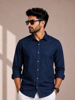 necked - Mens Navy Blue Plain Relaxed Fit Shirt