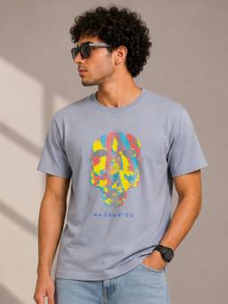 necked - Mens Grey Graphic Relaxed Fit Round Neck T-Shirt