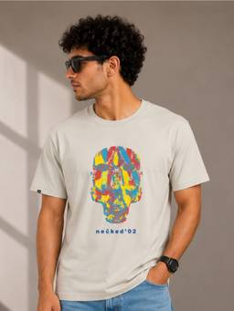 necked - Mens Grey Graphic Relaxed Fit Round Neck T-Shirt