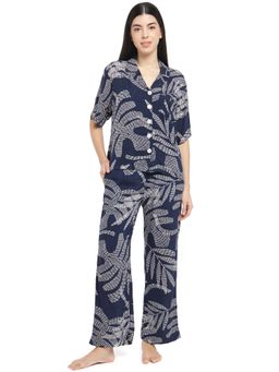 Dear Bed Comfort Clothing - Blue Floral Over Sized Shirt & Pyjama Lounge Set for Women