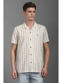 Louis Philippe - Men Cream Slim Fit Stripe Half Sleeves Casual Shirt