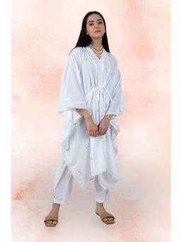 Zuri - White Embroidered Cotton Kaftan with Belt