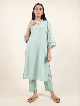 Zuri - Green Hand Embroidered Cotton Dobby Kurta
