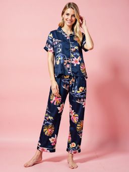 evolove - Navy Blue Floral Satin Shirt with Pyjama (Set of 2)