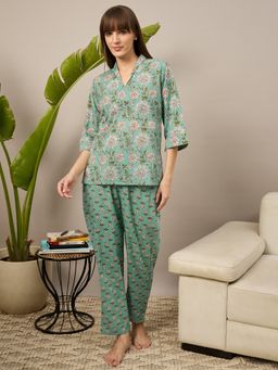July Nightwear - Cotton Blue Printed Top with Pyjama (Set of 2)