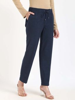 Tommy Hilfiger - Navy Blue Regular Fit Striped Mid Rise Trouser