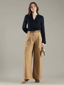 Tommy Hilfiger - Beige Loose Fit Solid Mid Rise Trouser