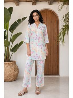 Aurelia - Women’s Blue Floral Printed Pure Cotton Straight Co-Ord Set