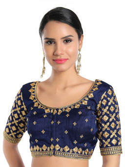 SALWAR STUDIO - Womens Navy Blue Silk Front Open Readymade Saree Blouse
